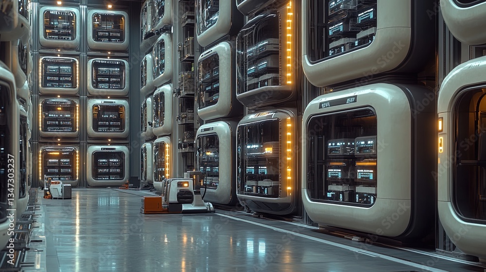 Poster automated logistics warehouse, robots stacking and organizing inventory, efficient and futuristic