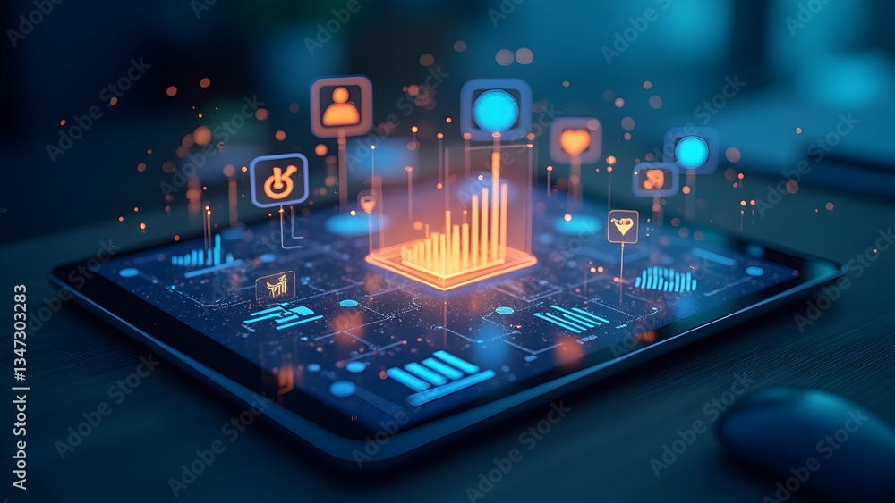 Poster modern digital tablet displaying futuristic business data and network connections, representing adva