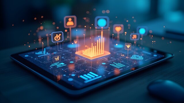 Modern Digital Tablet Displaying Futuristic Business Data and Network Connections, Representing Advanced Technology - Powered by Adobe