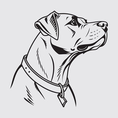 Illustration of a dog wearing a collar. Vector graphics, line art, black and white. perfect for lino cut or wood print. Good use for T-shirt design or logo
