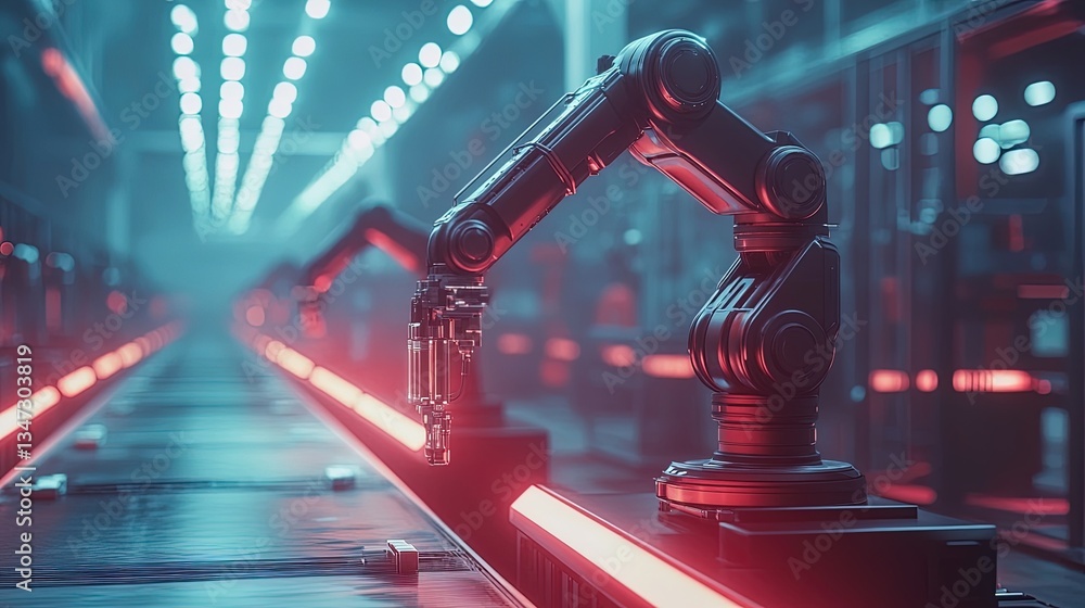 Poster automated factory processes with synchronized robotic arms, futuristic industrial lighting
