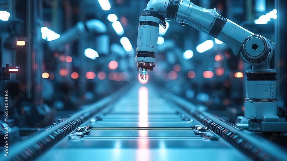 Poster automated factory processes with synchronized robotic arms, futuristic industrial lighting