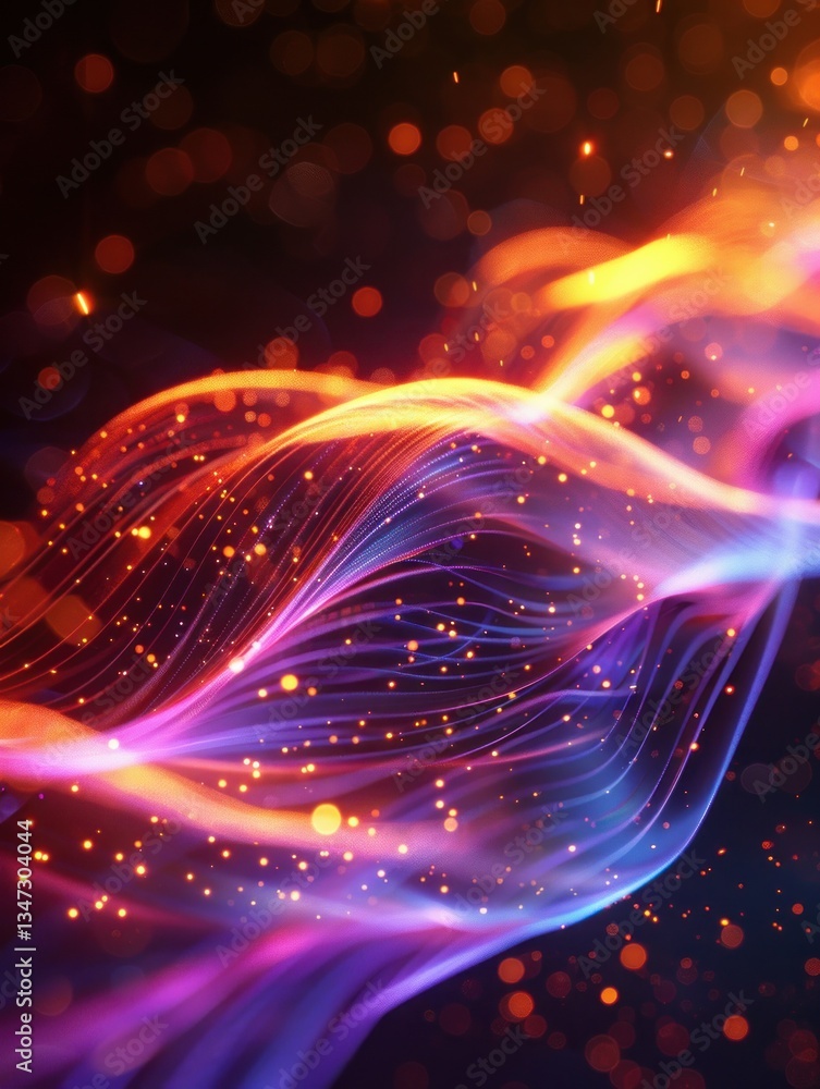 Poster vibrant glowing arcs and strands intertwine against a soft backdrop, creating a digital art vibe