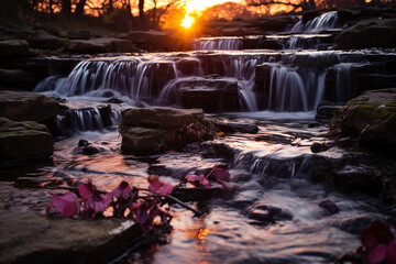 ephemeral cascade of a sunset waterfall, epitomizing notion that each twilight closure presents a chance to contemplate and revere marvels of natural realm