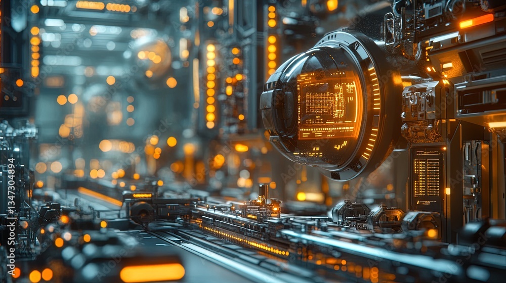 Poster automated assembly line with robotic precision, glowing interface, clean high-res industrial scene
