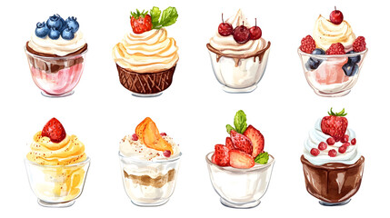 Delicious Watercolor Collection of Desserts with Whipped Cream for Culinary Designs