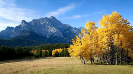 Majestic Mountain Landscape With Yellow Autumn Aspen Trees And Blue Sky In Colorado