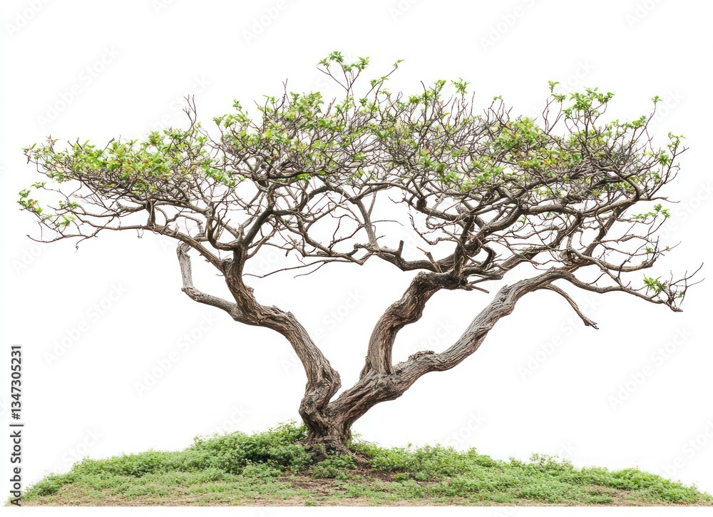 Poster isolated tree on grass knoll with branching structure and emerging leaves