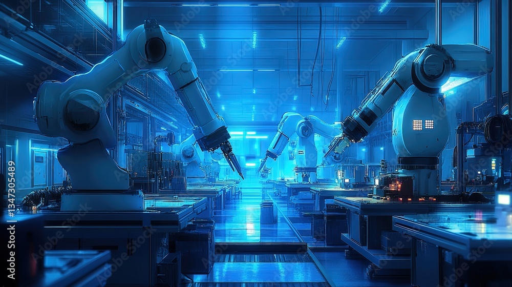 Poster automated factory floor with robotic arms working in sync, sleek machinery, clean high-tech environm