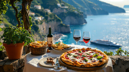 Fototapeta premium Coastal Culinary Delight: A picturesque scene of a delicious pizza and other culinary delights set on a table with wine glasses and a bottle overlooking the stunning blue ocean and coastal cliffs.