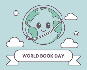 Fototapeta premium Celebrate World Book Day with this adorable cartoon Earth illustration, emphasizing global literacy and the joy of reading for everyone.