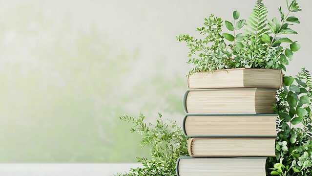 a stack of books surrounded by plants.