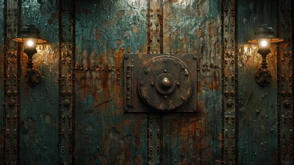 Fototapeta premium The vintage metal panel shows deep corrosion and organic stains, softly lit for a warm glow