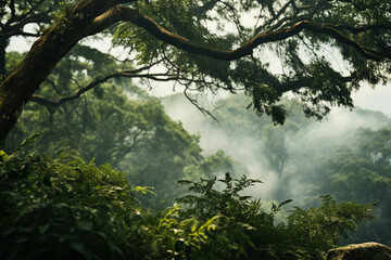 ethereal mist dances with towering trees, as billowing clouds weave a magical tapestry, creating an enchanting symphony of nature elements