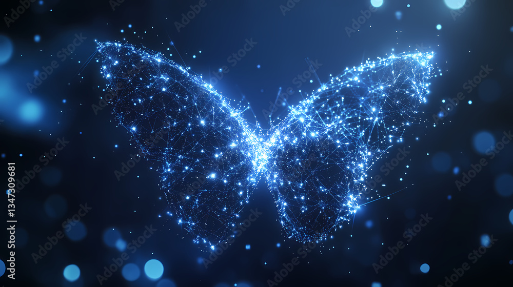 Poster digital butterfly: a luminous butterfly formed from interconnected points of light floats against a 