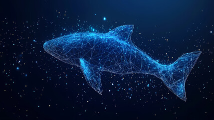 Fototapeta premium Digital Shark: A stunning digital illustration of a shark composed of interconnected lines and dots, set against a dark blue backdrop.