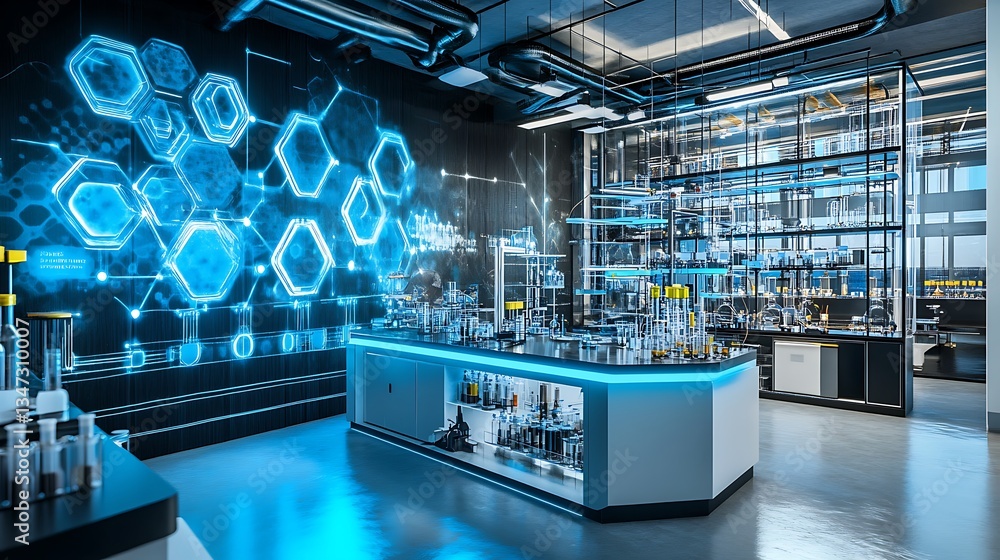 Poster a futuristic physics lab using digital tools to simulate the effects of strong gravitational waves o