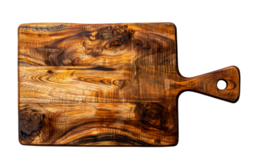 Rustic Wooden Cutting Board with Rich Grain Patterns and Handle Top View