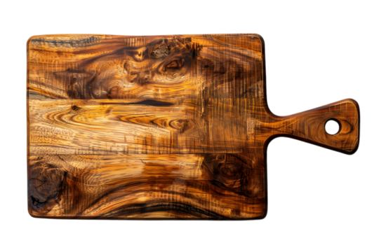 Rustic Wooden Cutting Board with Rich Grain Patterns and Handle Top View