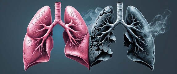 This artwork showcases a vivid comparison between healthy lungs and those affected by harmful habits