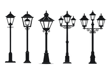 Collection of Vintage Street Lamps Vector Icons - Various Ornate Streetlamp Designs for Urban and Garden Lighting Illustrations