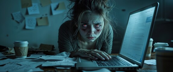 Fototapeta premium A young woman sits at a desk cluttered with papers and coffee cups, staring intensely at her laptop screen with a distressed expression
