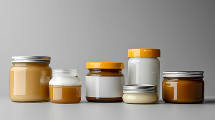 Assorted Jars of Baby Food: A selection of various jars of baby food neatly arranged, showcasing different colors, and textures, hinting at nourishment and care for the young