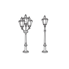 Street vintage Lamp Post Outline Icon black and white vintage Illustration on White Background
