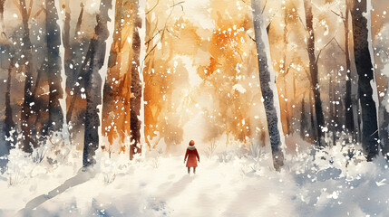Watercolor art of an elf in a snowy forest with cheerful tones