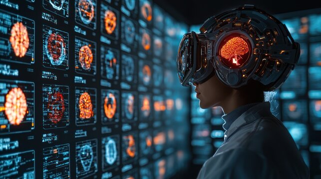 Futuristic VR headset, brain scans on wall