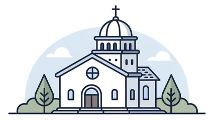 Beautifully Designed Church Illustration with Dome and Cross Surrounded by Trees and Clouds