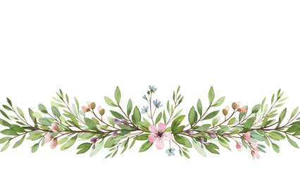 Fototapeta premium Watercolor Floral Border with Green Leaves and Pink Flowers on Black