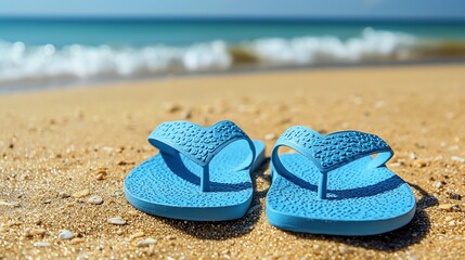 Obraz premium Blue Flip Flops on Sandy Beach near Ocean