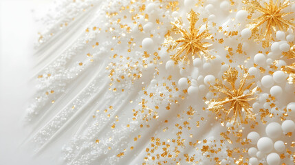 White background with festive snowflakes and gold sequins for a holiday design