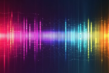 Vibrant spectrum of sound waves surging with energy, a symphony of color in a digital soundscape with glowing light streaks.