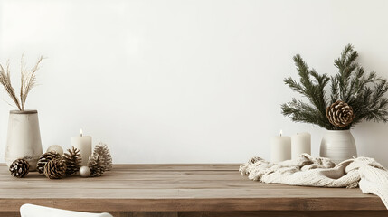 White wooden table arranged with festive decor in a minimalist home setting, perfect for creative layouts