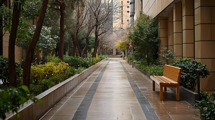 Obraz premium Wet Pathway Leading Towards Buildings With Wooden Bench And Lush Green Foliage During Daytime
