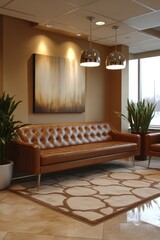 Open concept modern hall interior with abstract art, leather sofa, potted plants, and geometric rug. Concept showcases open concept modern hall interior with sleek design, chic decor.