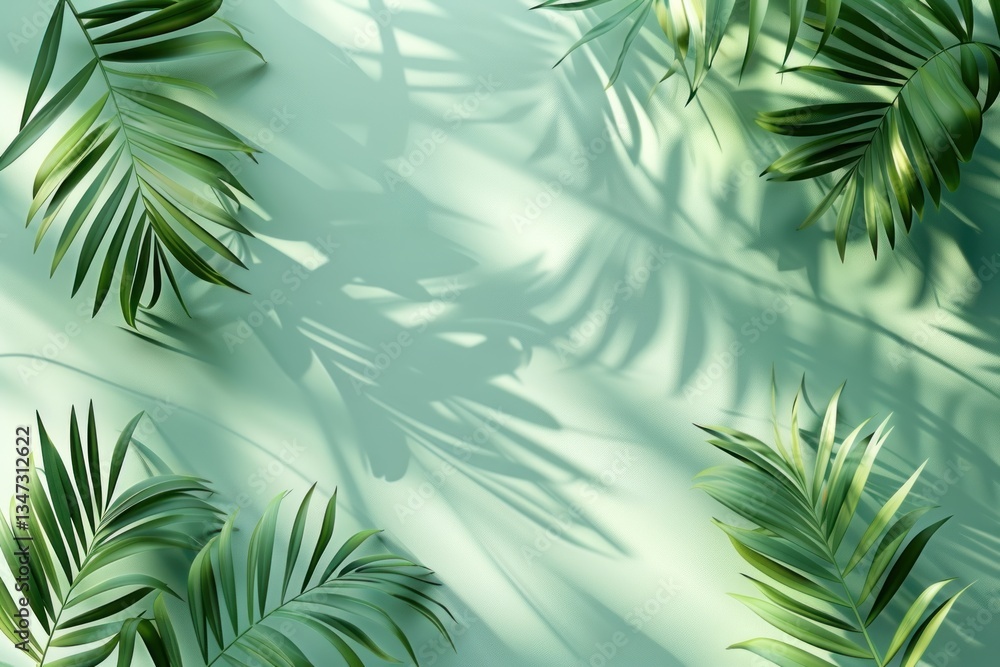 Poster a subtle blend of soft greens forms a minimalist backdrop, where palm leaf shadows gently dance in d