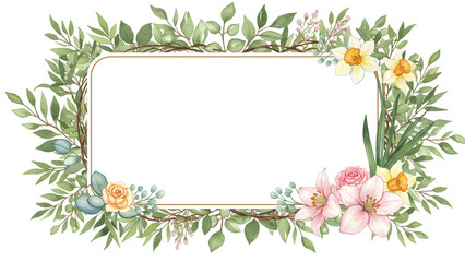 Floral Frame with Roses Daffodils and Greenery Elegant Watercolor Design