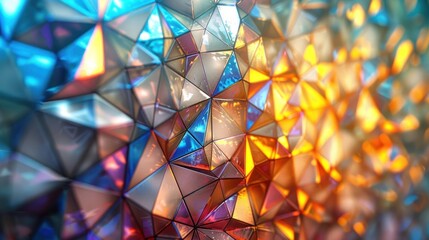 Triangular fragments form an abstract stained glass mosaic, softly lit to highlight intricate textures