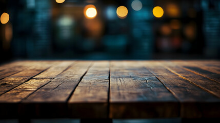 Wooden table against a softly blurred library backdrop ideal for showcasing products