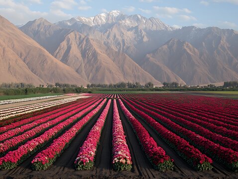 Rows of vibrant pink and white flowers in a valley for snow-capped mountains in the background.