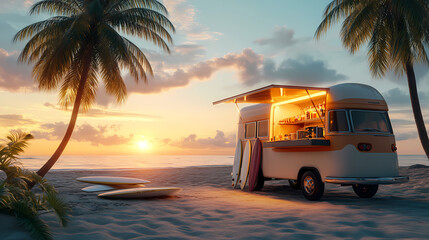 Sunset Surf Shack: A vintage surf van, illuminated with warm lights, sits idyllically on a sandy beach, flanked by palm trees under a vibrant sunset sky.