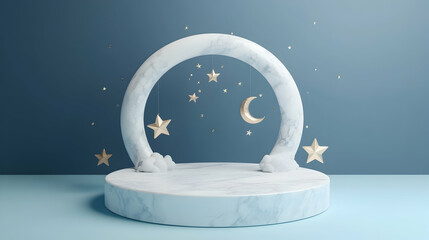 3D rendering of a white marble podium with star and moon decorations on a blue background for product display