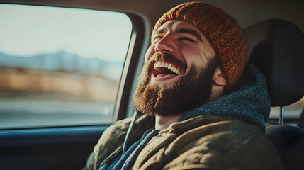 A bearded man laughs heartily inside a car, embodying the joy of driving and freedom on the open road