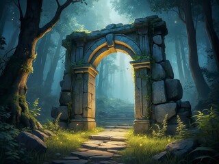 Mysterious stone gateway surrounded by lush greenery in a magical forest. 