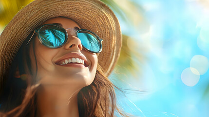 A carefree woman enjoys a bright summer day, her smile reflecting the warmth and vibrance of outdoor living