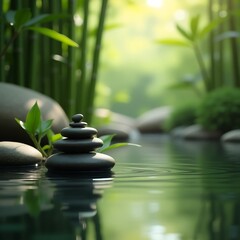 Zen Garden with Bamboo and Smooth River Stones in Tranquil Water