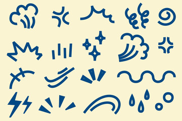 Doodle art vector illustration. Composition of various geometric shapes, circles, arrows, curves, wavy lines, and fun, creative decorative symbols for graphic backgrounds, designs, and decorations.